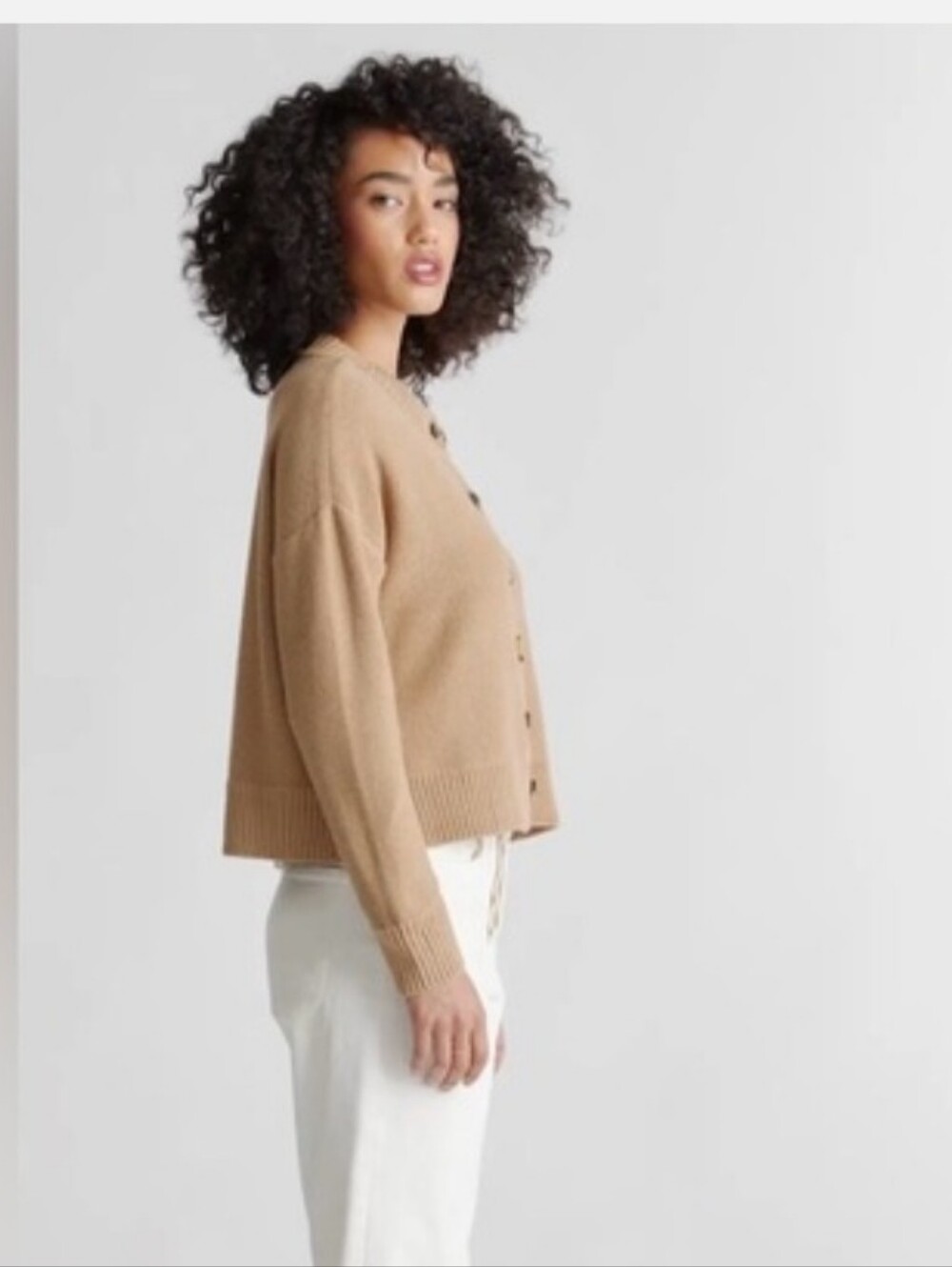 Quince Organic Cotton Cropped Cardigan Sweater Button Camel - Picture 12 of 12